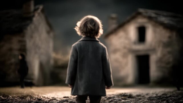 Lonely Child Standing in Ruins Gazing into the Distance