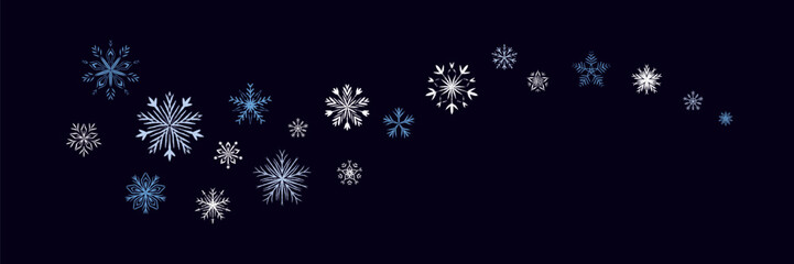 Merry Christmas and Happy New Year festive background win hand drawn crayon blue, shite and silver sow flakes on dark night evening background. Fancy snowflake swirl border. Snowfall whimsical wave