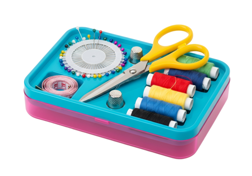 A teal and pink portable sewing kit includes colorful threads, scissors, pins, and a measuring tape.