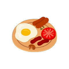 Vector art of a delicious and hearty english breakfast served on a wooden plate, featuring a fried egg, sausages, tomato, and mushroom, isolated on a