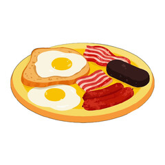 Vector art of a delicious and hearty full english breakfast served on a yellow plate, , featuring fried eggs, toast, bacon, sausages, and black pudding