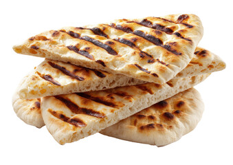 Stack of grilled flatbreads.  Golden-brown, grilled pita-like bread, sliced and piled high.  Visible grill marks.  Close-up view