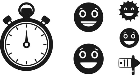 Fototapeta premium Flat Vector Icon Set of Comic Illustrations for Children Including Stopwatch, Smiling Face and Funny Cartoon Elements