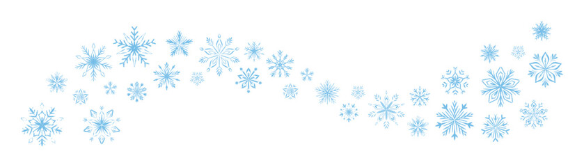 Hand drawn crayon blue silver snow flake filigree wave. Winter snowfall swirl border. Merry Christmas and Happy New Year divider. Pencil falling snowflake trail. Festive pattern ornament