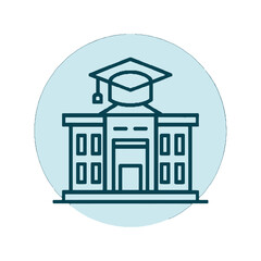 Vector art of icon of a university building with a graduation cap on top, representing education and academia, isolated on a light blue circle background