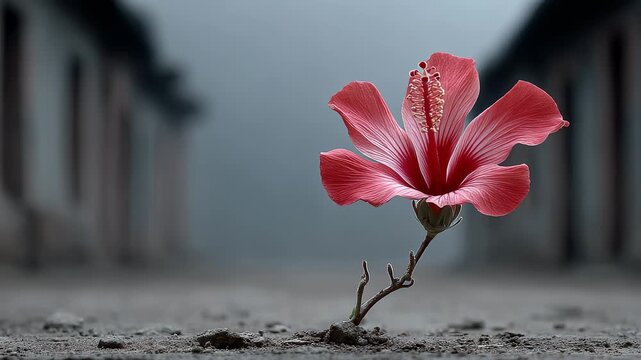 Vibrant flower blooming amidst ruins symbolizes hope
