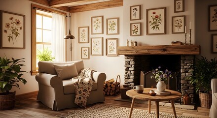 Fototapeta premium Cozy Living Room with Botanical Wall Decor