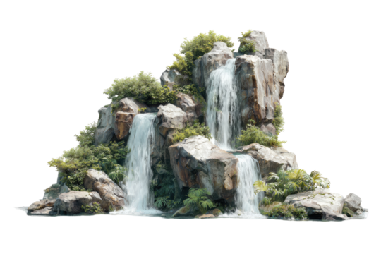 Miniature cascading waterfall over rocky outcrop. Lush greenery adorns the scene