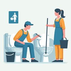 A cleaning officer cleans a public toilet with a simple and minimalist flat design using a white background.