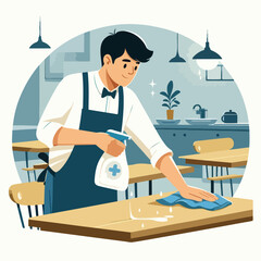 The cleaning staff is wiping the canteen table with a simple and minimalist flat design using a white background.