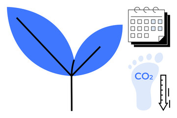 Growing plant with bold leaves, a carbon footprint icon, and a calendar. Ideal for sustainability, eco goals, renewable resources, environmental awareness, emission reduction, green initiatives