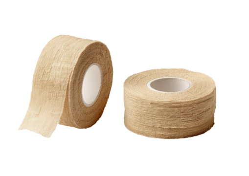 Two beige rolls of tape, wound around central cores