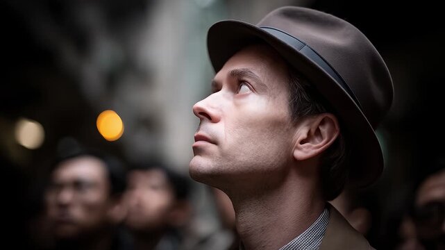 Man in Crowd Looks Up at Sky Thoughtfully