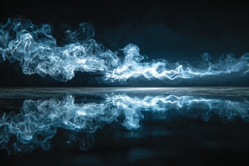 Mysterious blue smoke swirling and reflecting on a dark surface