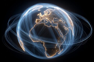 Representation of global connections with illuminated lines surrounding Earth