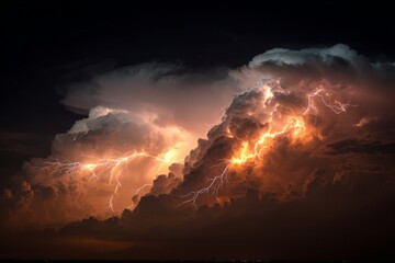 Dramatic lightning storm illuminates dark clouds over the landscape at night