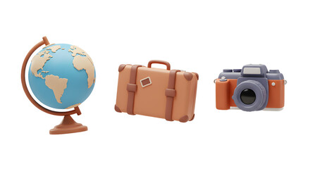 3d Cute Cartoon Travel Set Globe Suitcase Camera Isolated Transparent Background