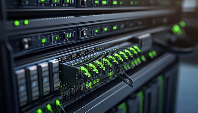 The image shows multiple dark-colored servers with green lights and cables connected in a data center.
