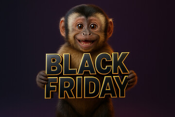 Smiling monkey holding a bold "Black Friday" sign against a dark background, perfect for promotional and marketing materials for sales and discounts.