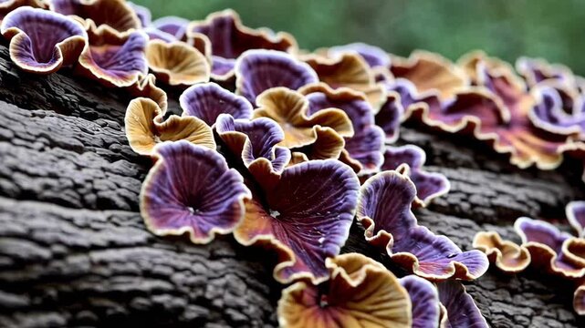 Vibrant wild mushrooms with purple and golden edges grow along the surface of a fallen tree trunk. This mesmerizing video highlights the beauty and diversity of forest fungi in their natural habitat. 