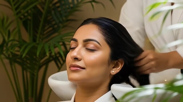 Relaxed Dark Haired Woman with Eyes Closed Enjoys a Tranquil Hair Washing Experience in a Beauty Salon with Lush Greenery Background Perfect for Beauty and Self Care Campaign in Eye Level
