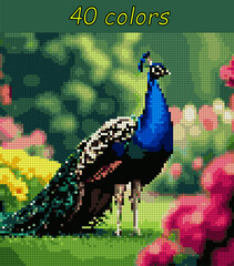 Realistic Peacock. Pixel art vector 100x100 for paint by numbers &ndash; color grid illustration with clean, smooth squares and overlaid grid, fully editable, scalable vector for digital or print use.