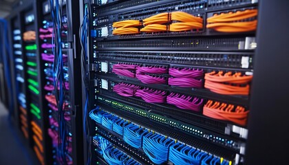 The image shows multiple rows of orange, purple, and blue network cables plugged into a data center server rack.