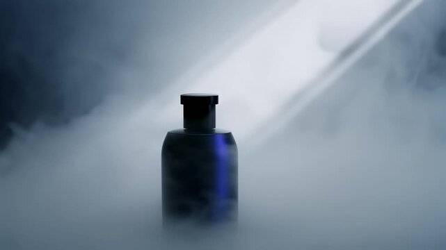 A mysterious dark bottle stands surrounded by thick, swirling fog, illuminated by striking beams of light. The cinematic scene creates an atmosphere of intrigue, drawing attention to the product&rsquo;s str