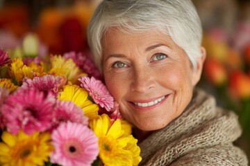 Smiling older woman with short gray hair holding a bright bouquet of flowers in a vibrant floral shop