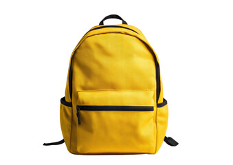 Bright yellow backpack, front view.  Solid color, simple design.  Zippered front pocket.  Black accents