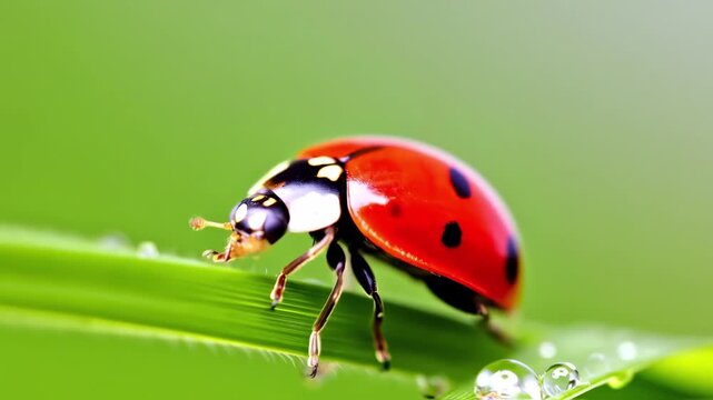 This video shows a bright red ladybug with black spots walking on a green leaf covered with dew drops. The close-up view highlights the delicate details of the insect and the vibrant freshness of natu