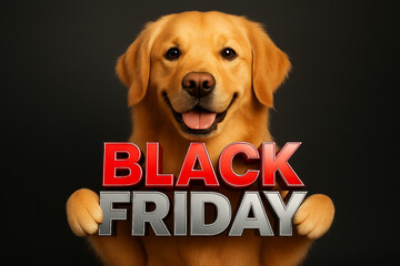 Smiling golden retriever holding a bold "Black Friday" sign against a dark background, perfect for promotional and marketing materials for sales and discounts.