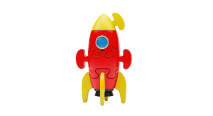A colorful, three-dimensional jigsaw puzzle shaped like a classic red and yellow rocket ship, ready for imaginative space exploration.