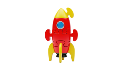 A colorful, three-dimensional jigsaw puzzle shaped like a classic red and yellow rocket ship, ready for imaginative space exploration.
