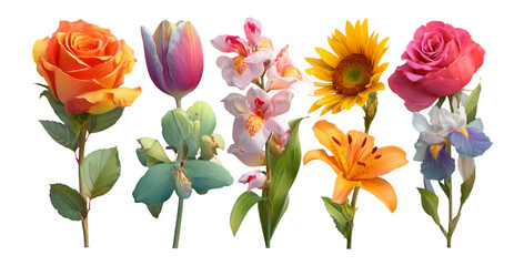 Fototapeta premium Colorful Floral Collection of Isolated Flowers on Transparent Background