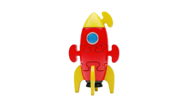 A colorful, three-dimensional jigsaw puzzle shaped like a classic red and yellow rocket ship, ready for imaginative space exploration.