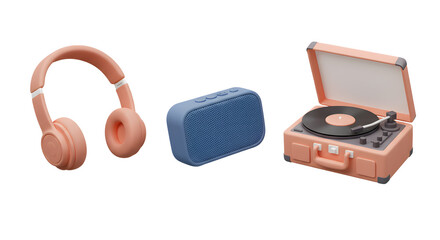 3d Cute Cartoon Music Devices Headphone Speaker Turntable Isolated Transparent Background