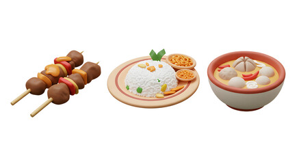 3d Indonesian Cuisine Satay Rice Meatball Soup Isolated Transparent Background