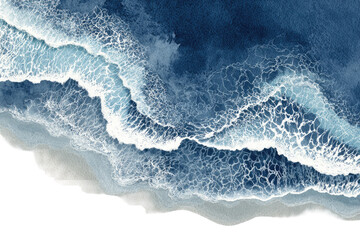 High-angle view of a beach, waves, and coastline.  Ocean water, light and dark blue tones. Foamy white crests of waves. Light beige sand