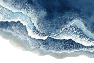 High-angle view of a beach, waves, and coastline.  Ocean water, light and dark blue tones. Foamy white crests of waves. Light beige sand