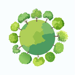 Collection of abstract watercolor green tree top view isolated on white background for landscape plan and architecture layout drawing, elements for environment and garden, green grass .