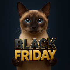 Elegant Siamese cat holding a bold "Black Friday" sign against a dark background, ideal for promotional and marketing materials for sales and discounts.