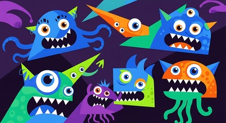 Cartoon Monsters Grouping with Colorful Geometric Shapes