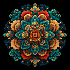Intricate mandala radiates vibrant colors and complex patterns against a dark backdrop, showcasing spiritual harmony and meditative beauty.