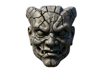 A weathered stone mask, deeply cracked and revealing an intense expression, dominates the image against a stark black backdrop.