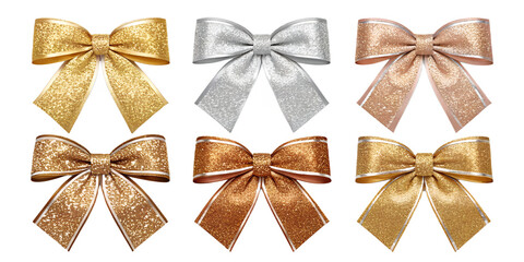 Luxury metallic glitter ribbons PNG set –  sparkling bows in gold, silver, bronze and copper, premium elegant style, isolated transparent background