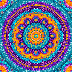 Colorful mandala pattern radiating vibrant energy with intricate details and symmetrical shapes, creating a sense of harmony and balance.