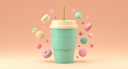 Pastel aesthetic showcasing coffee cup macarons flowers and donut for trendy spring vibes with sweet desserts and a pastel peach background