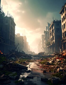 Desolate city street after a catastrophe