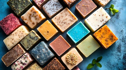 Fototapeta premium Artisan Handmade Soap Bars Collection, Variety of Colors and Scents, Natural Organic Bath Products